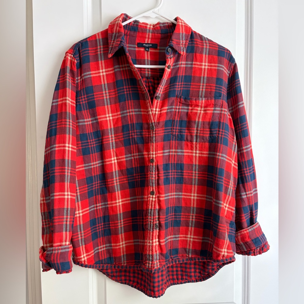 Madewell Red and Navy Plaid Button-Down Shirt with contrasting plaid lining - Picture 3 of 6